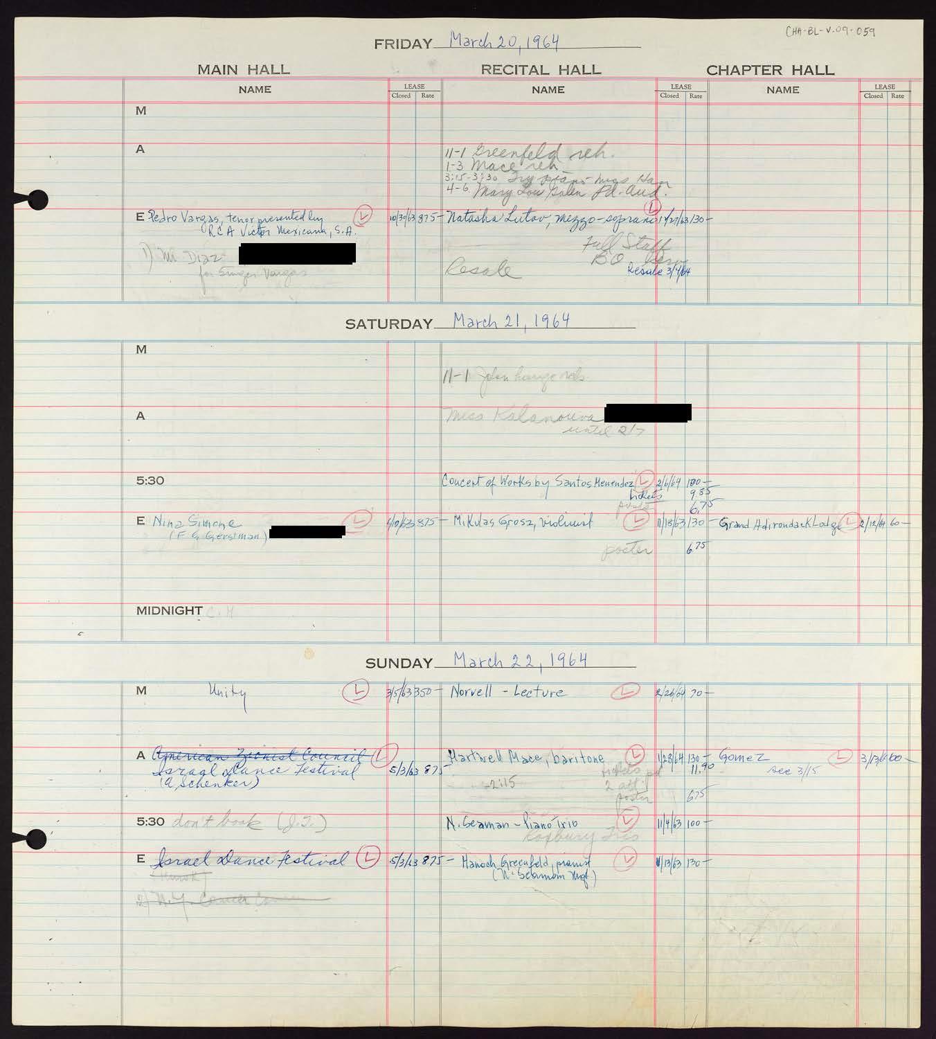 Carnegie Hall Booking Ledger, volume 9, page 59