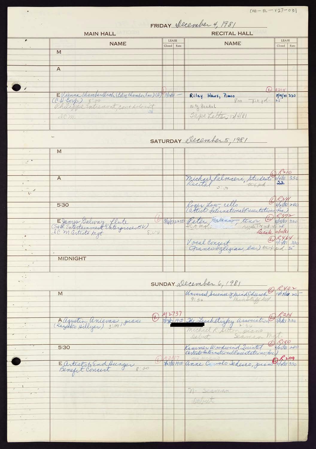 Carnegie Hall Booking Ledger, volume 27, page 31