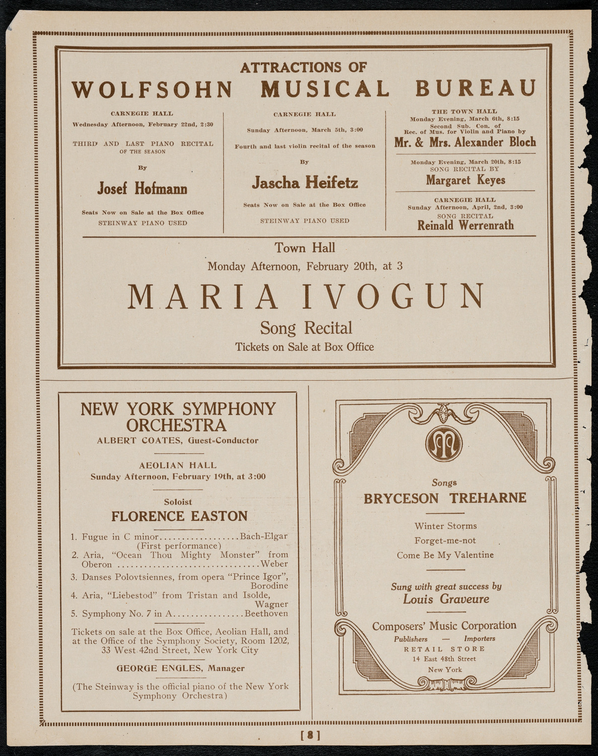 Jascha Heifetz, Violin, February 13, 1922, program page 8