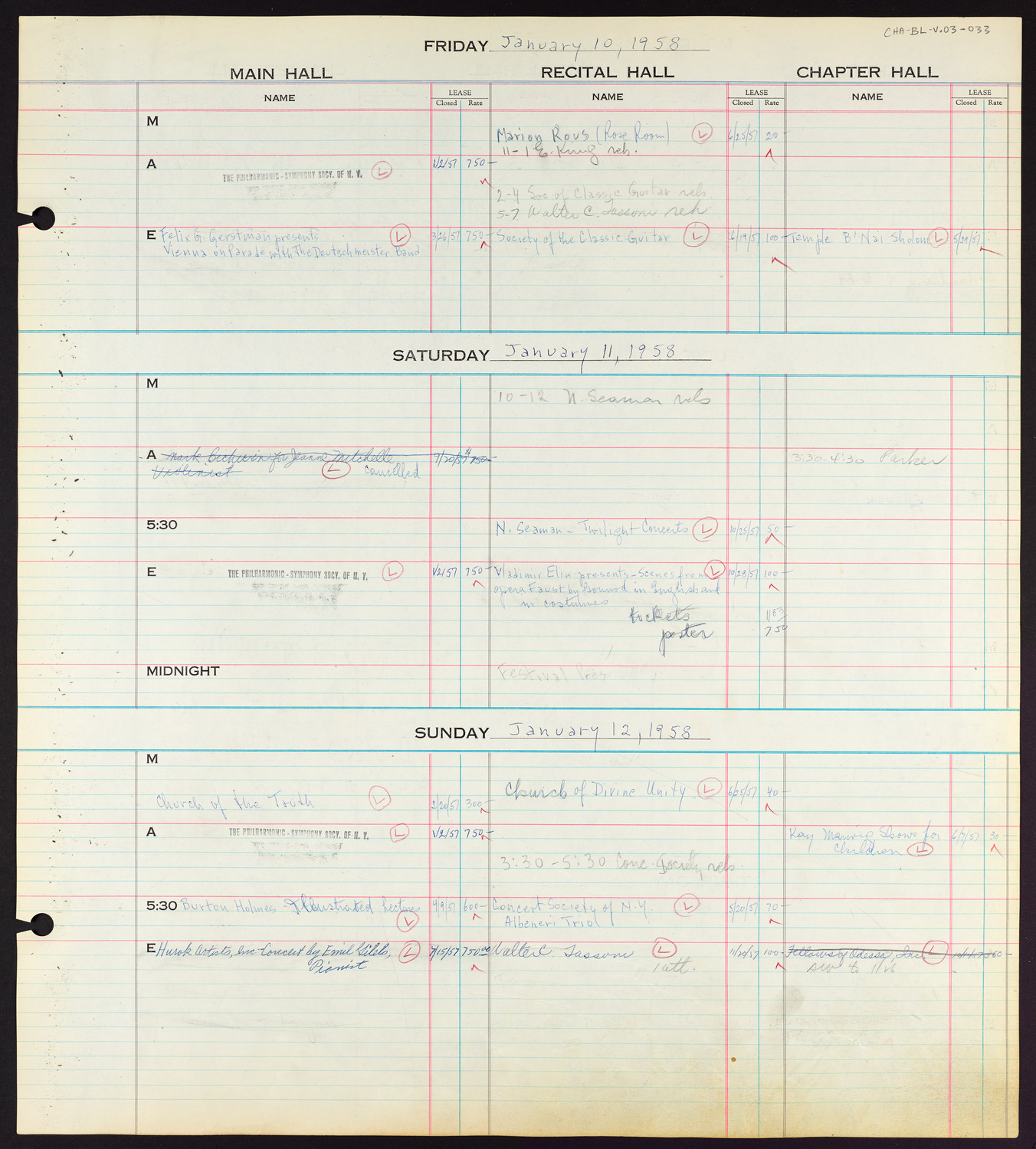 Carnegie Hall Booking Ledger, volume 3, page 33