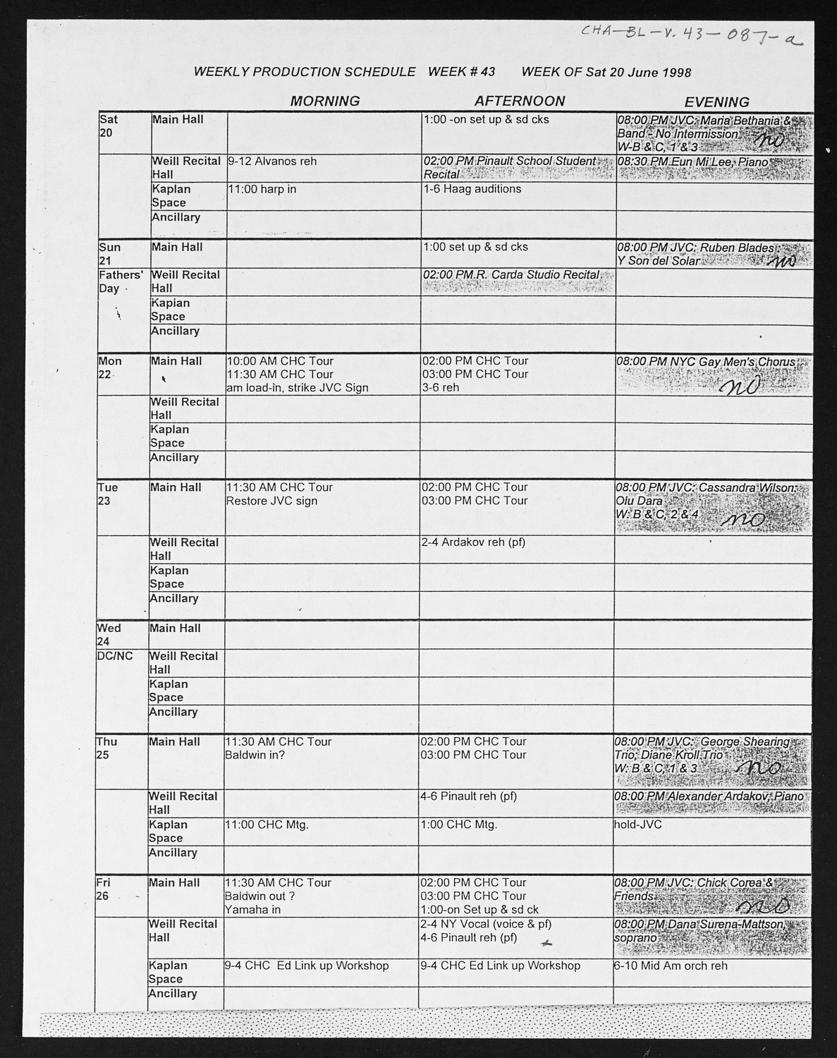 Carnegie Hall Booking Ledger, volume 43, page 87a