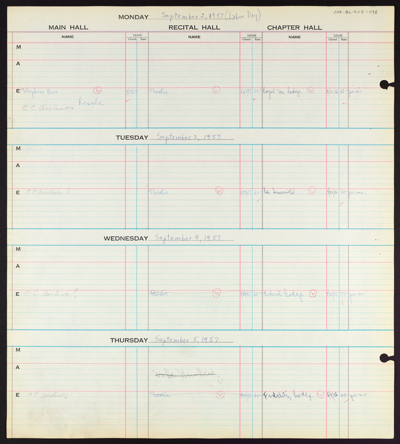 Carnegie Hall Booking Ledger, volume 2, page 98