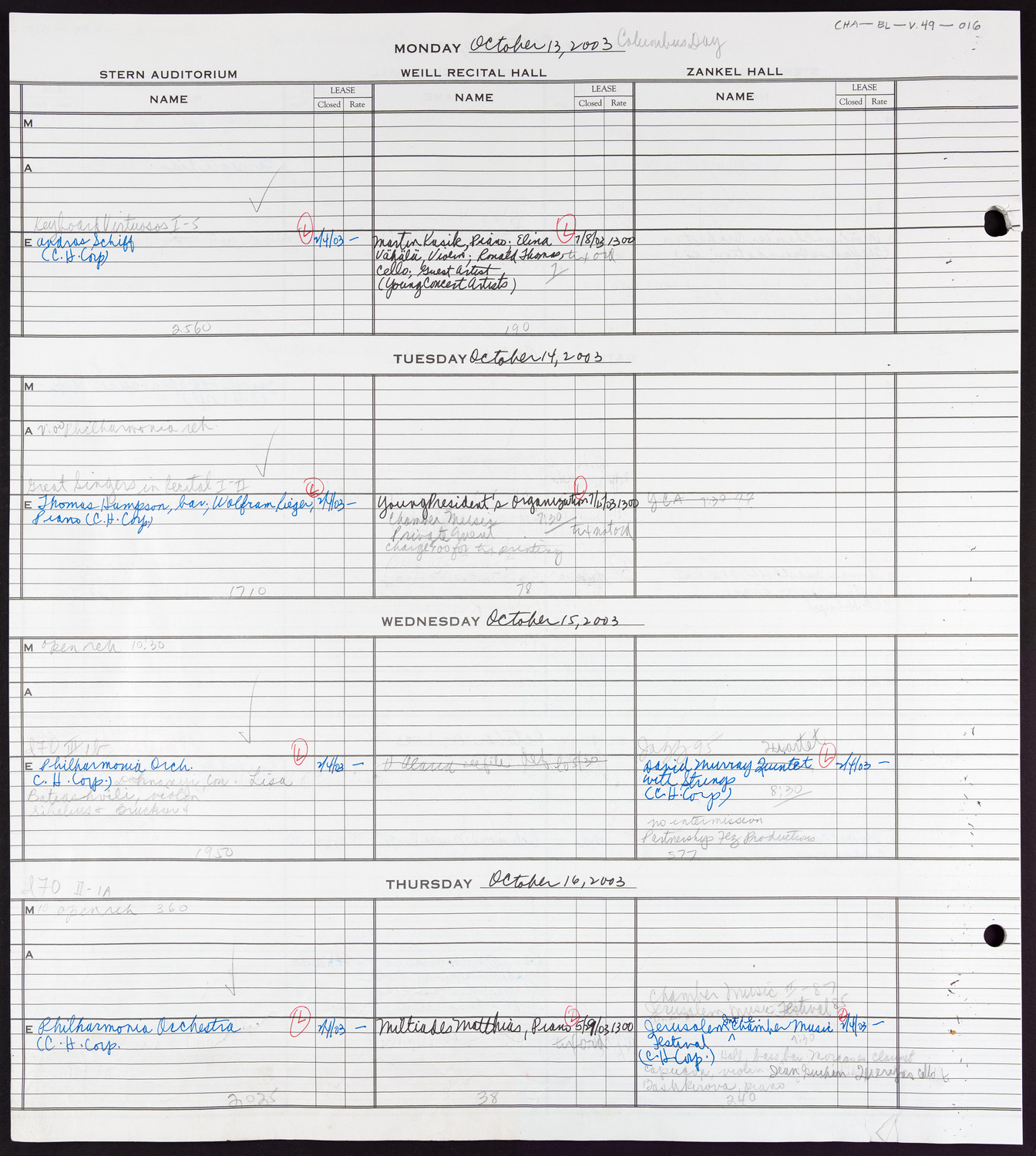 Carnegie Hall Booking Ledger, volume 49, page 16