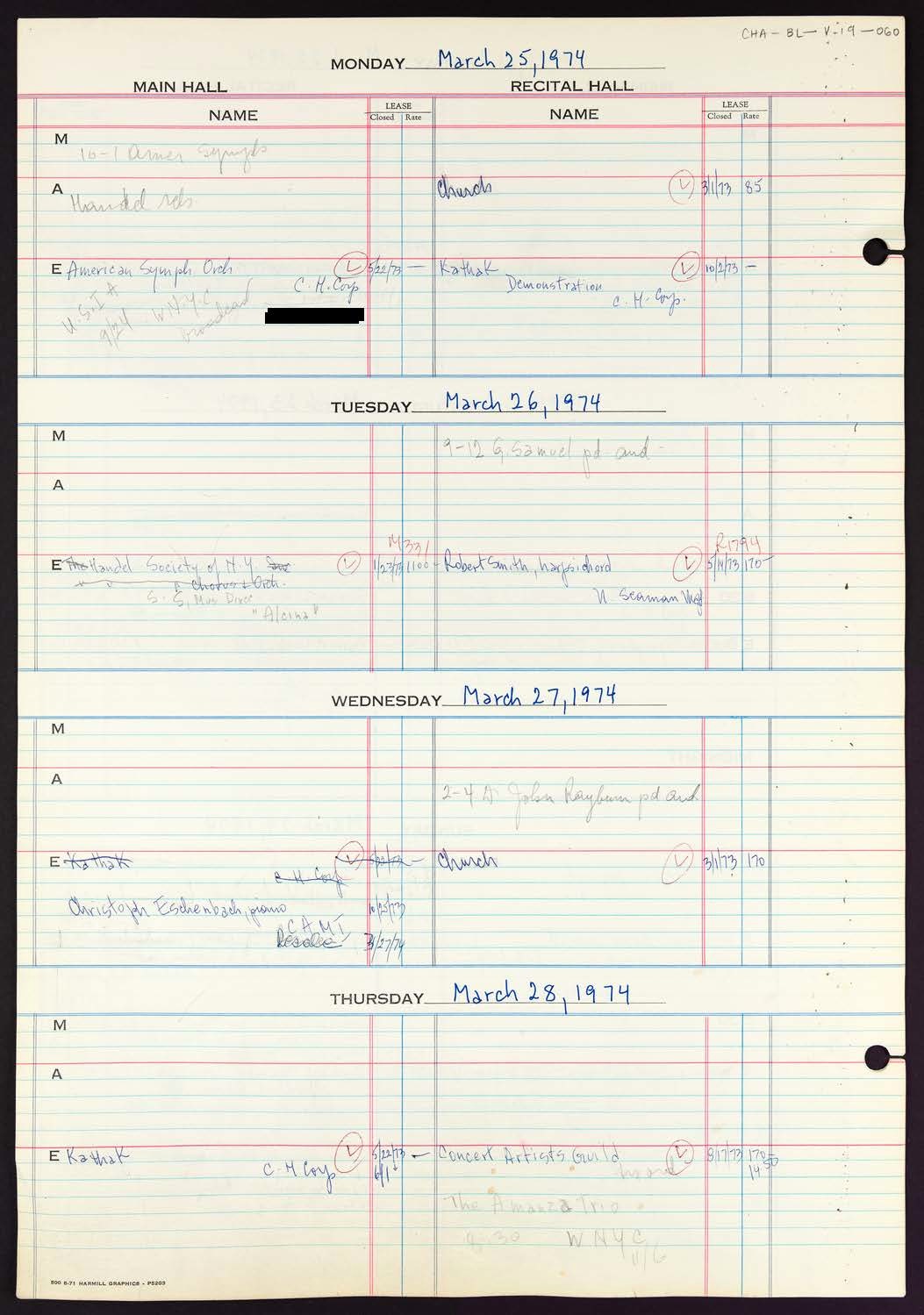 Carnegie Hall Booking Ledger, volume 19, page 60