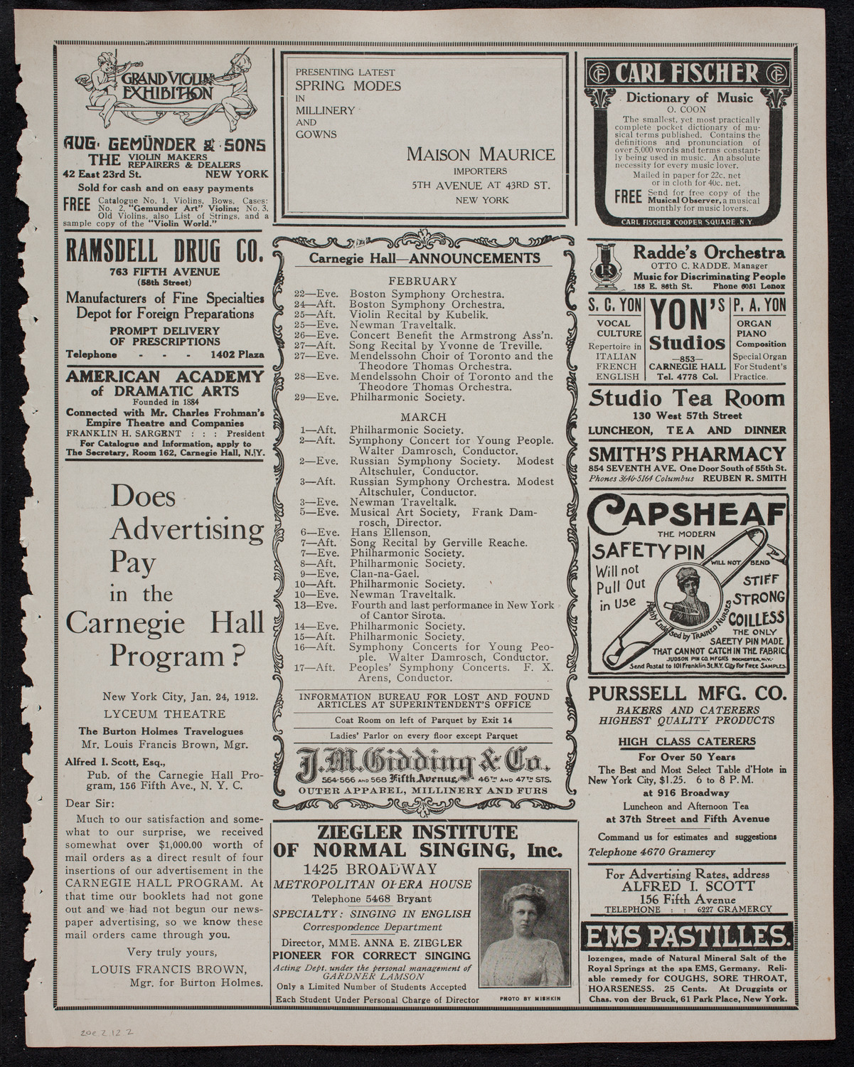 Volpe Symphony Society of New York, February 20, 1912, program page 3