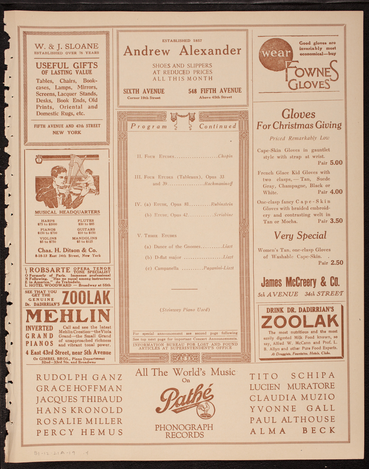 Sergei Rachmaninoff, Piano, December 21, 1919, program page 7