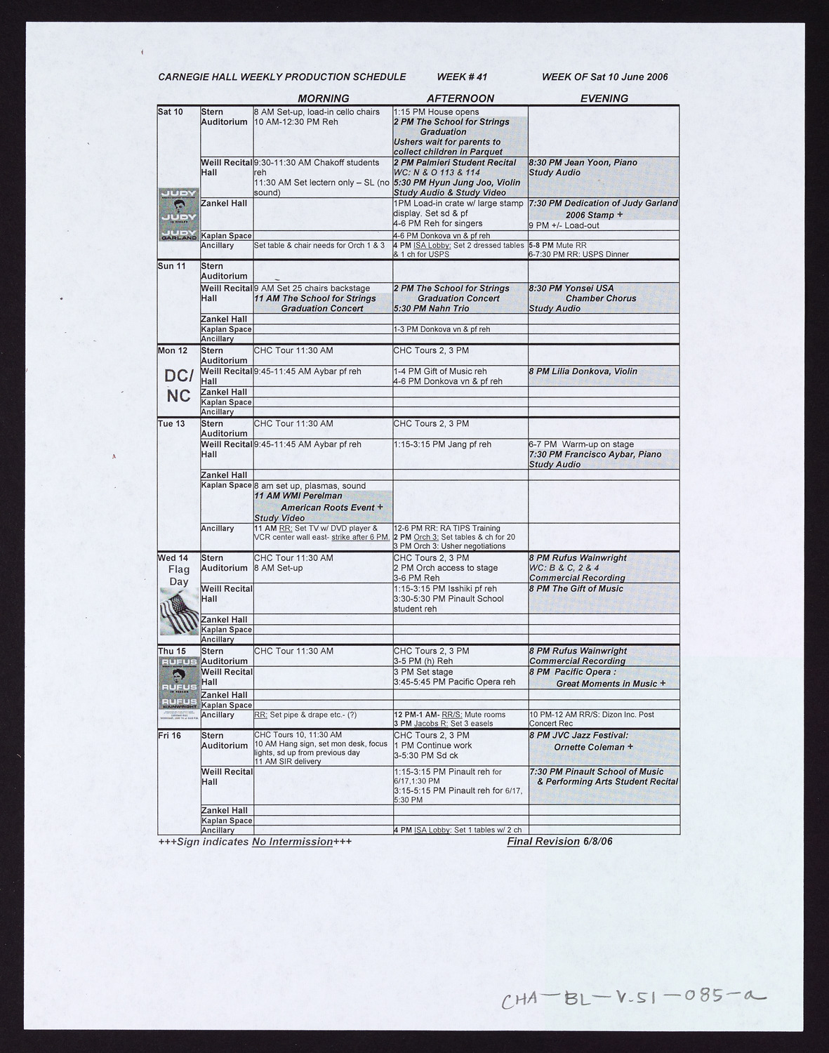 Carnegie Hall Booking Ledger, volume 51, page 85a