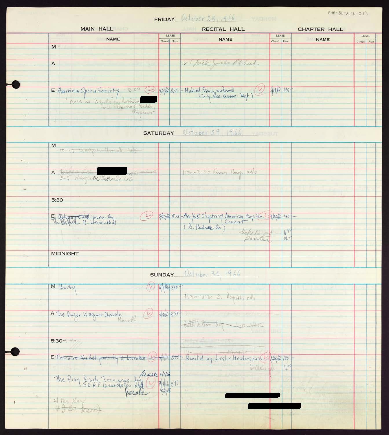 Carnegie Hall Booking Ledger, volume 12, page 19