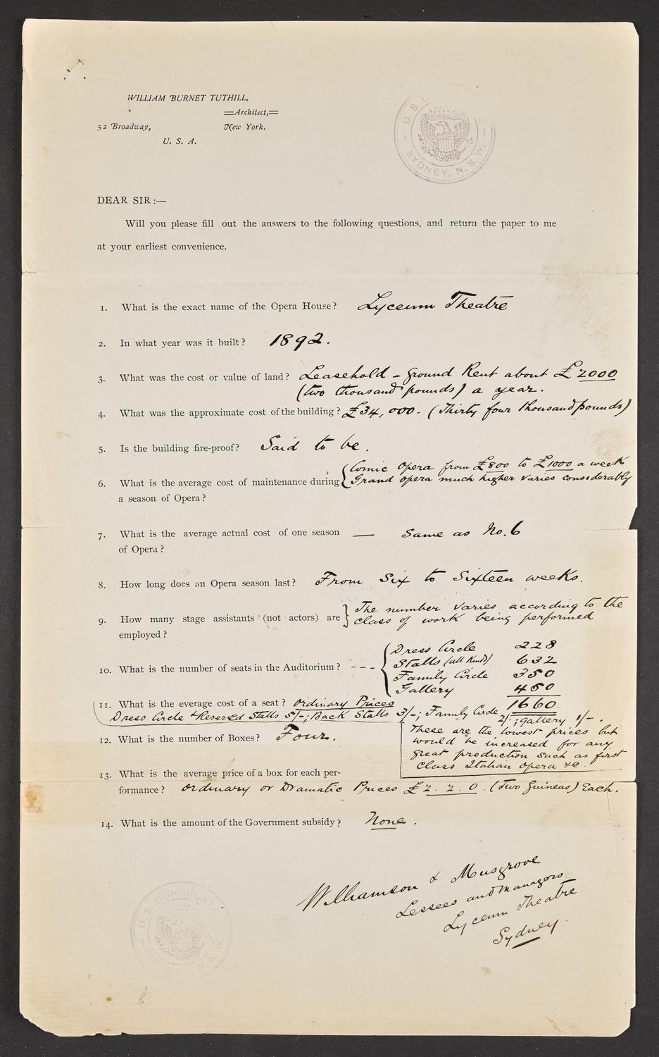 Questionnaire to the Lyceum Theatre of Sydney, June 26, 1893