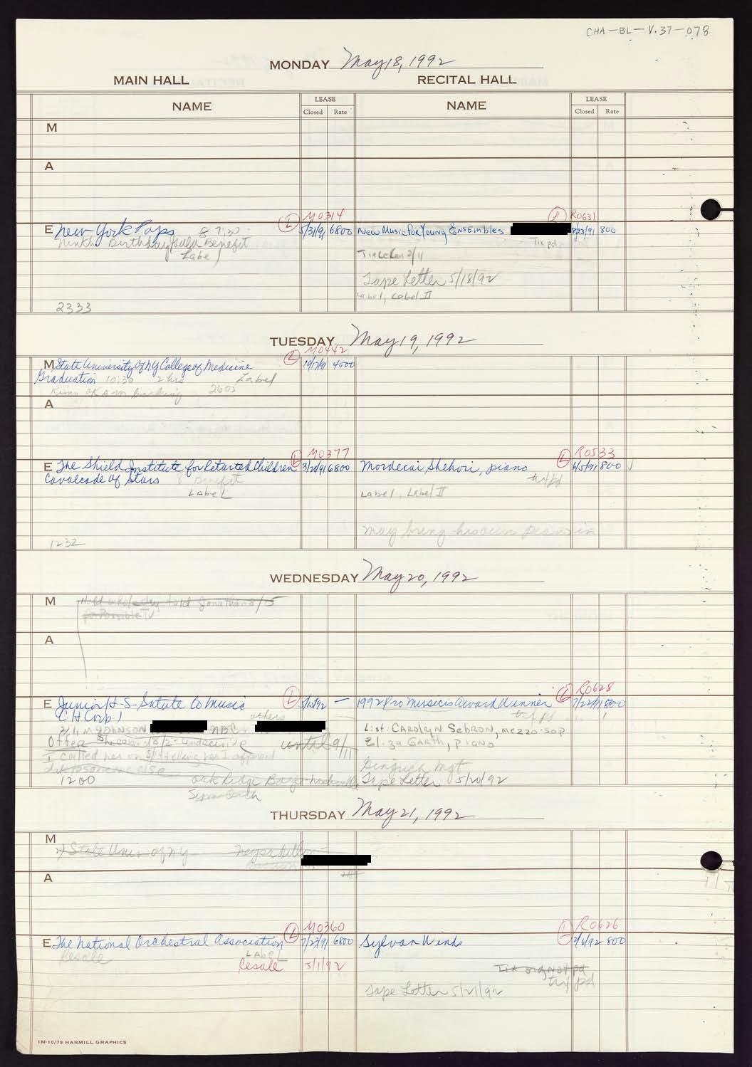 Carnegie Hall Booking Ledger, volume 37, page 78