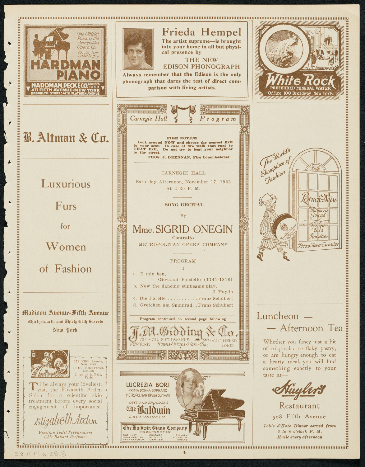 Sigrid Onégin, Contralto, November 17, 1923, program page 5