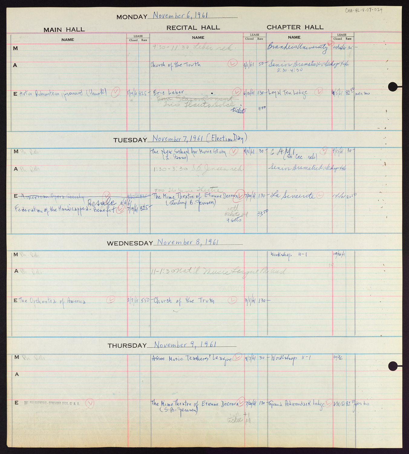 Carnegie Hall Booking Ledger, volume 7, page 24