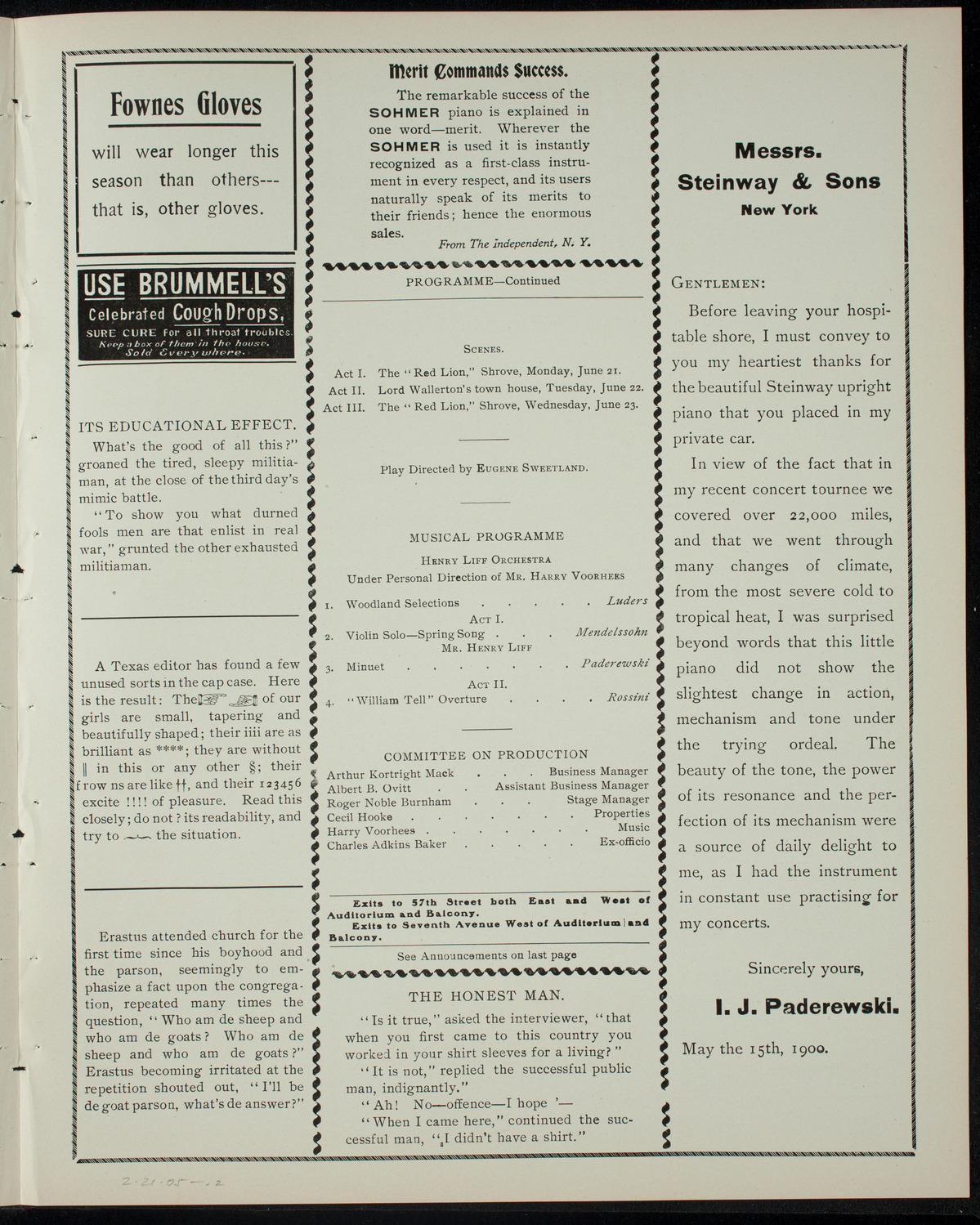 The Haresfoot Club Theatre Group, February 21, 1905, program page 3