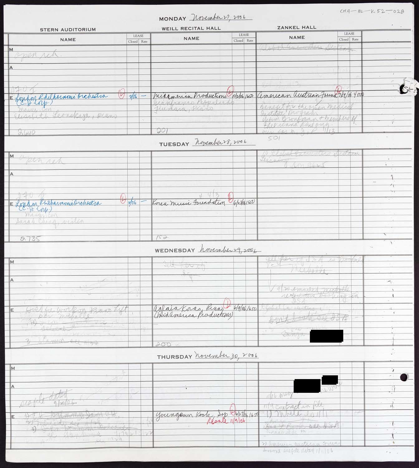 Carnegie Hall Booking Ledger, volume 52, page 28