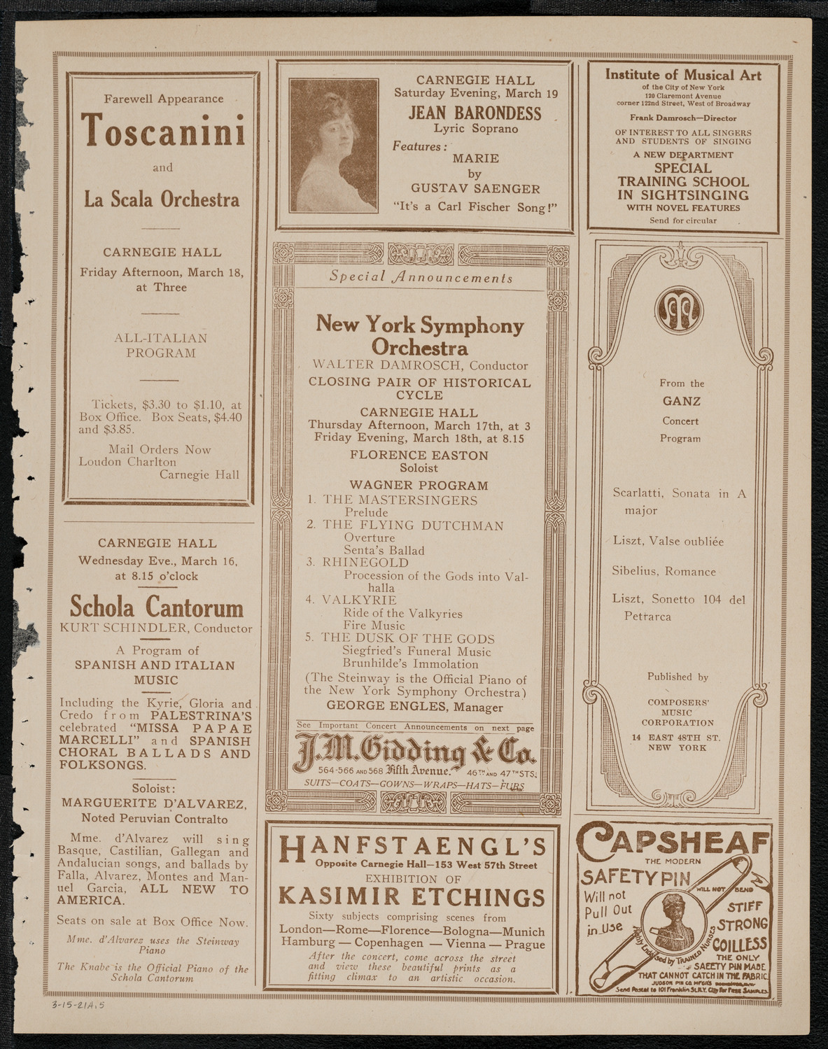 National Symphony Orchestra, March 15, 1921, program page 9