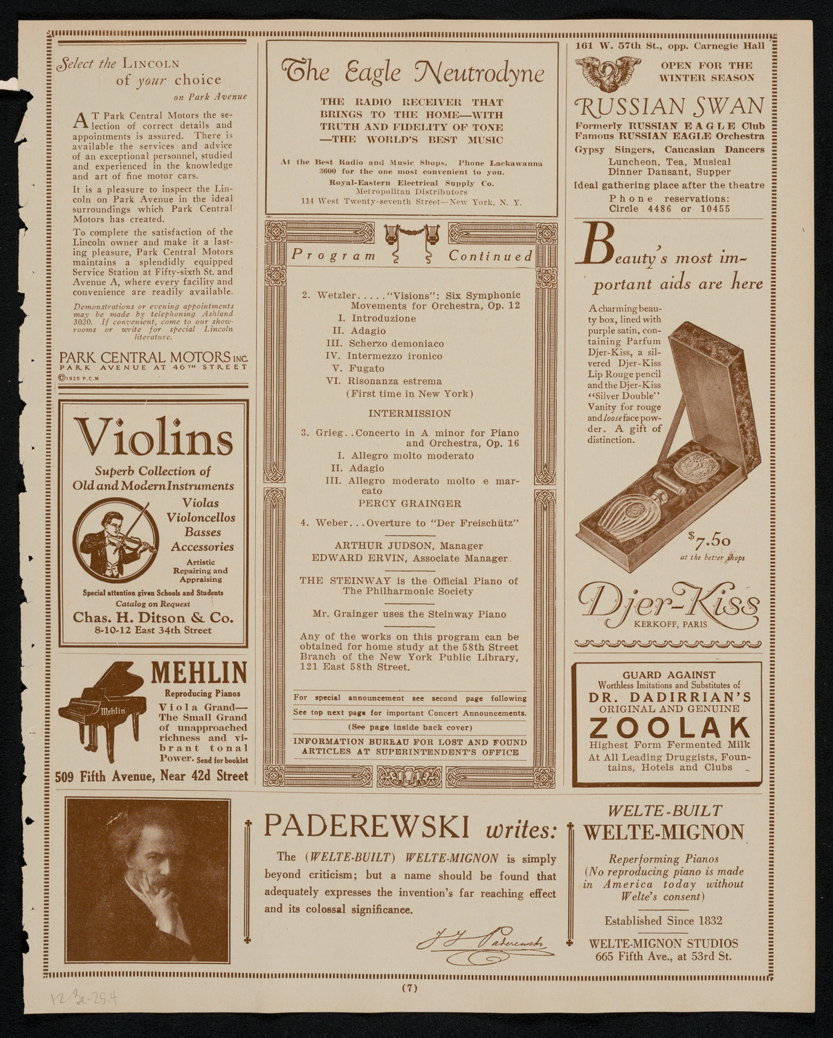 New York Philharmonic, December 3, 1925, program page 7