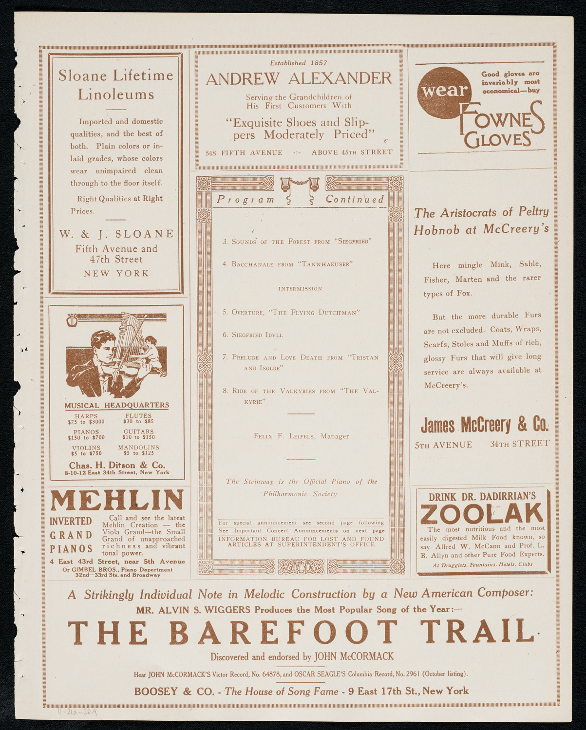 New York Philharmonic, November 21, 1920, program page 7
