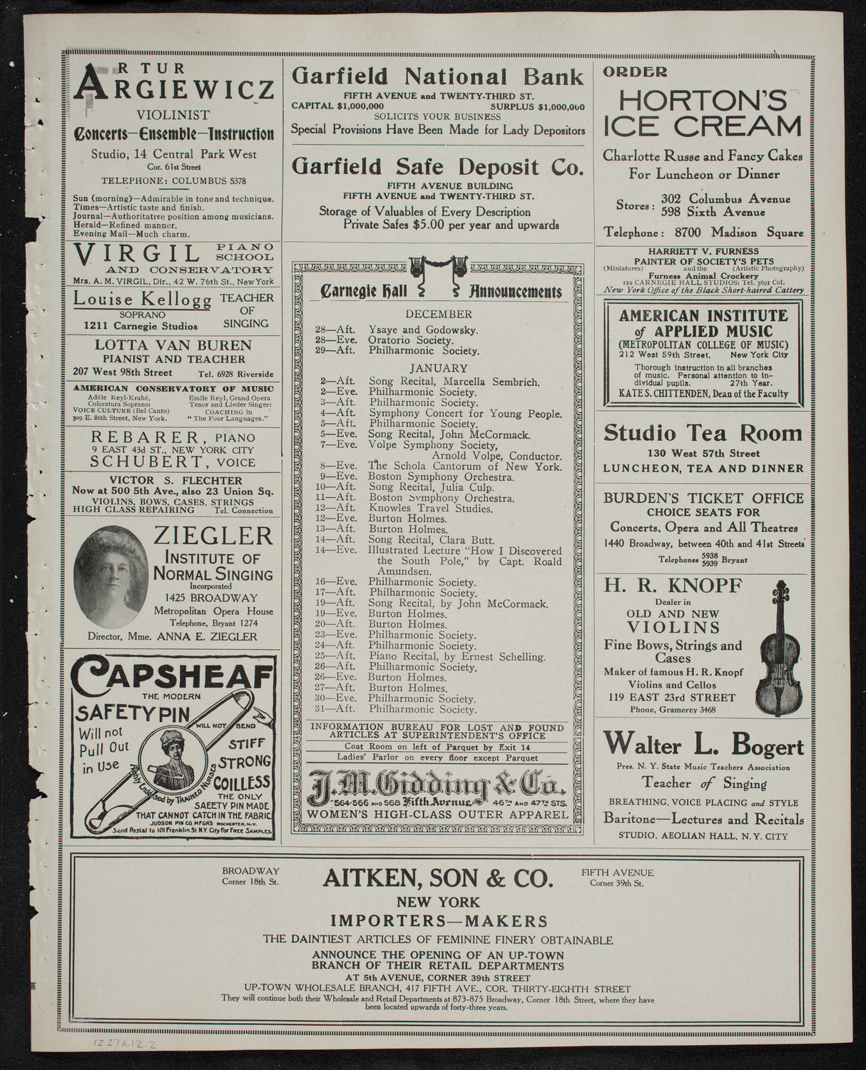 New York Philharmonic, December 27, 1912, program page 3