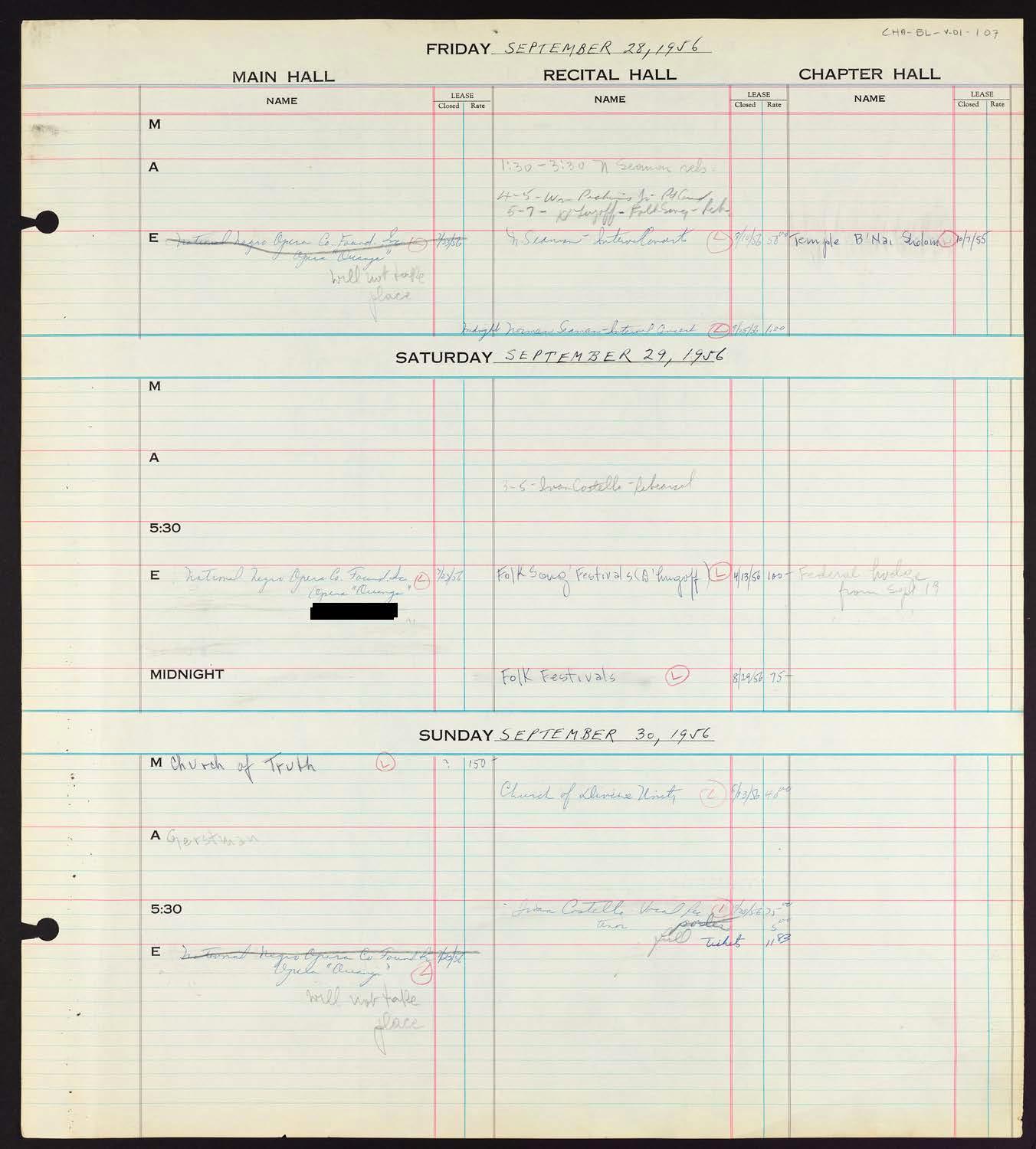 Carnegie Hall Booking Ledger, volume 1, page 107