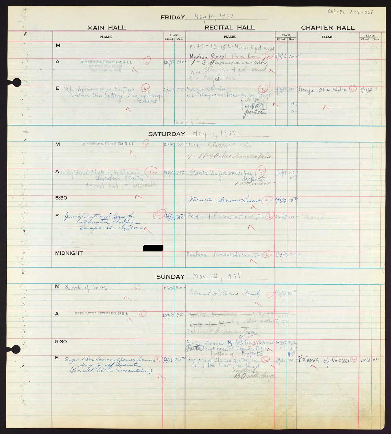 Carnegie Hall Booking Ledger, volume 2, page 65