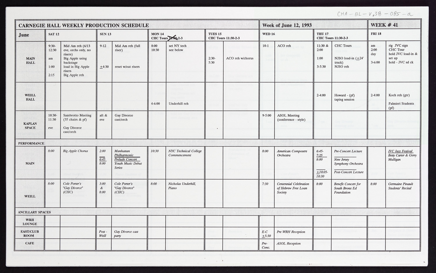 Carnegie Hall Booking Ledger, volume 38, page 85a