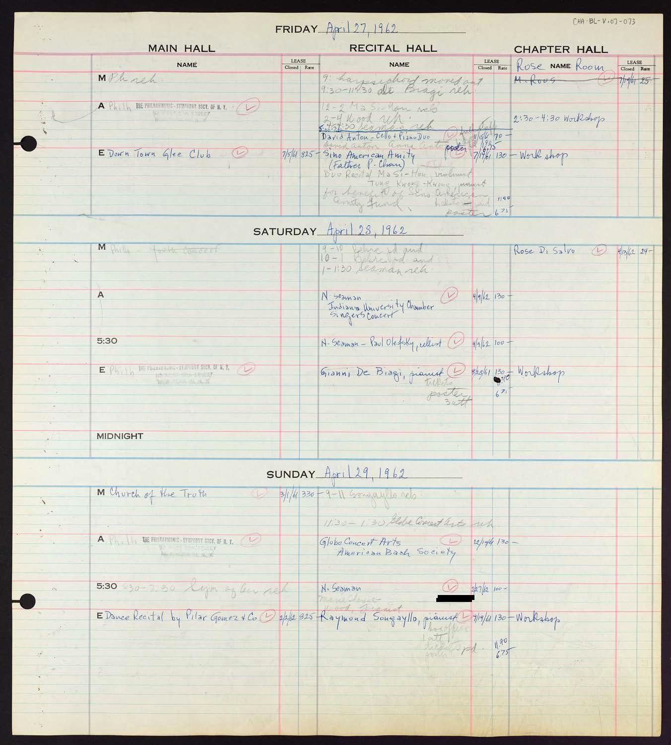 Carnegie Hall Booking Ledger, volume 7, page 73