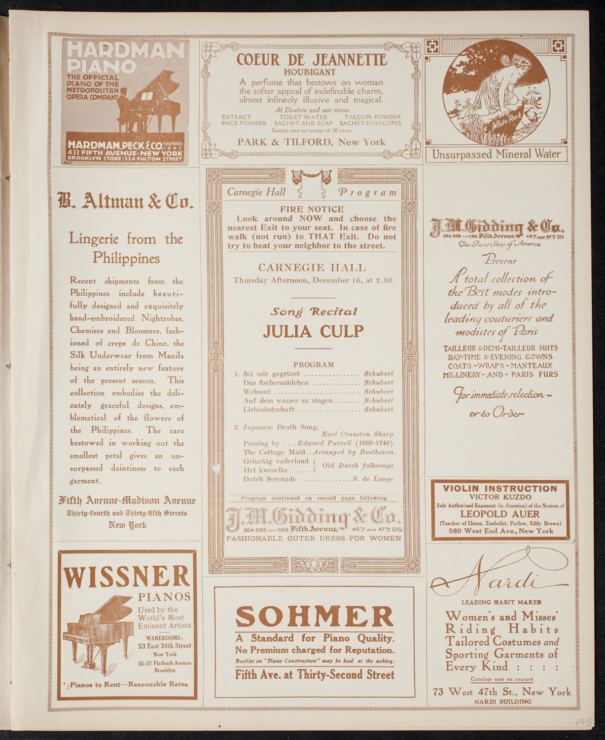 Julia Culp, Contralto, December 16, 1915, program page 5