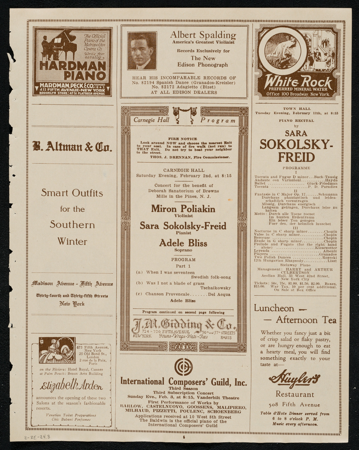 Miron Poliakin, Sara Sokolsky-Freid, and Adele Bliss, February 2, 1924, program page 5