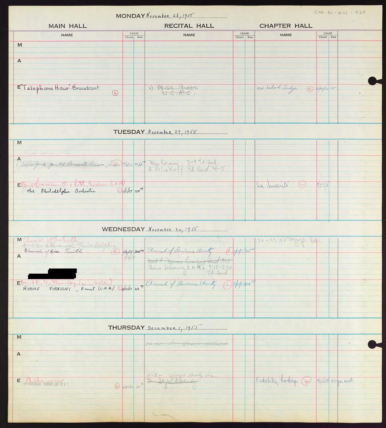 Carnegie Hall Booking Ledger, volume 1, page 20