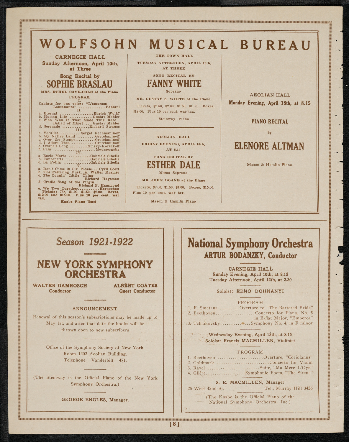 Joint Concert by Nina Tarasova and The Chamber Music Ensemble "Zimro", April 9, 1921, program page 8