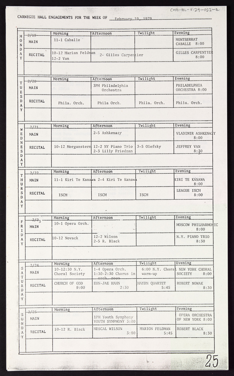 Carnegie Hall Booking Ledger, volume 24, page 52a