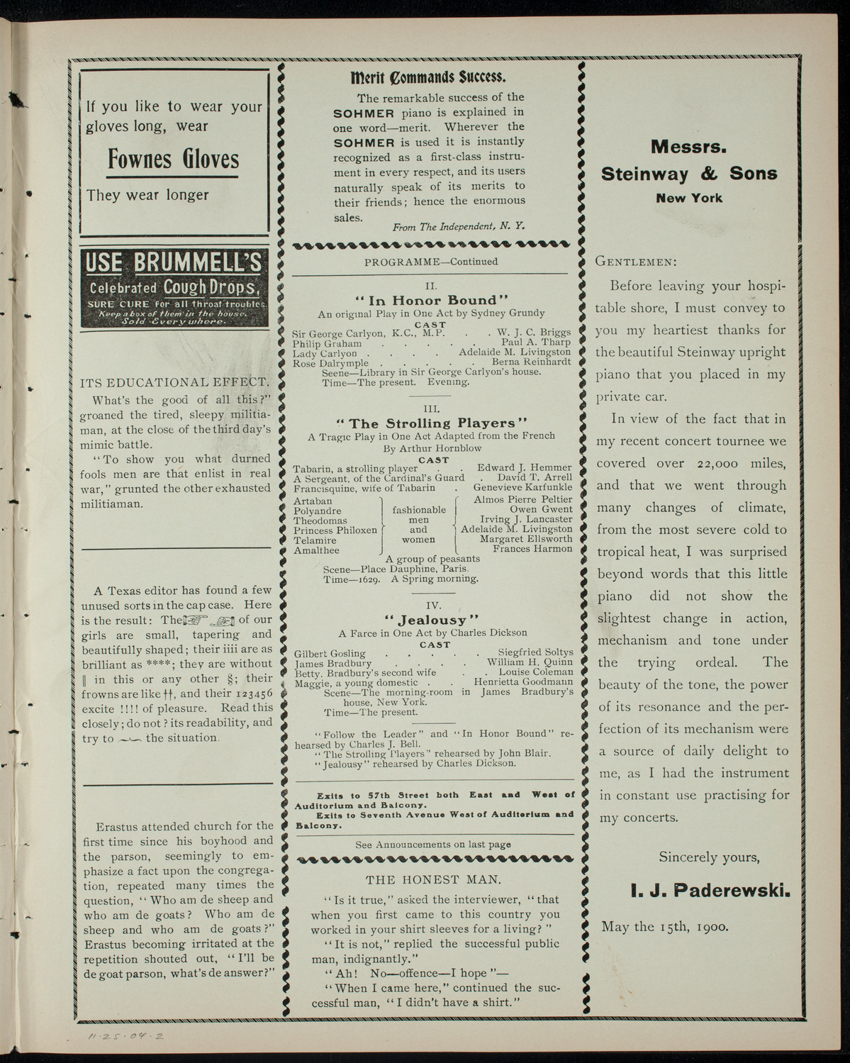 Academy Stock Company of the American Academy of the Dramatic Arts/Empire Theatre Dramatic School, November 25, 1904, program page 3