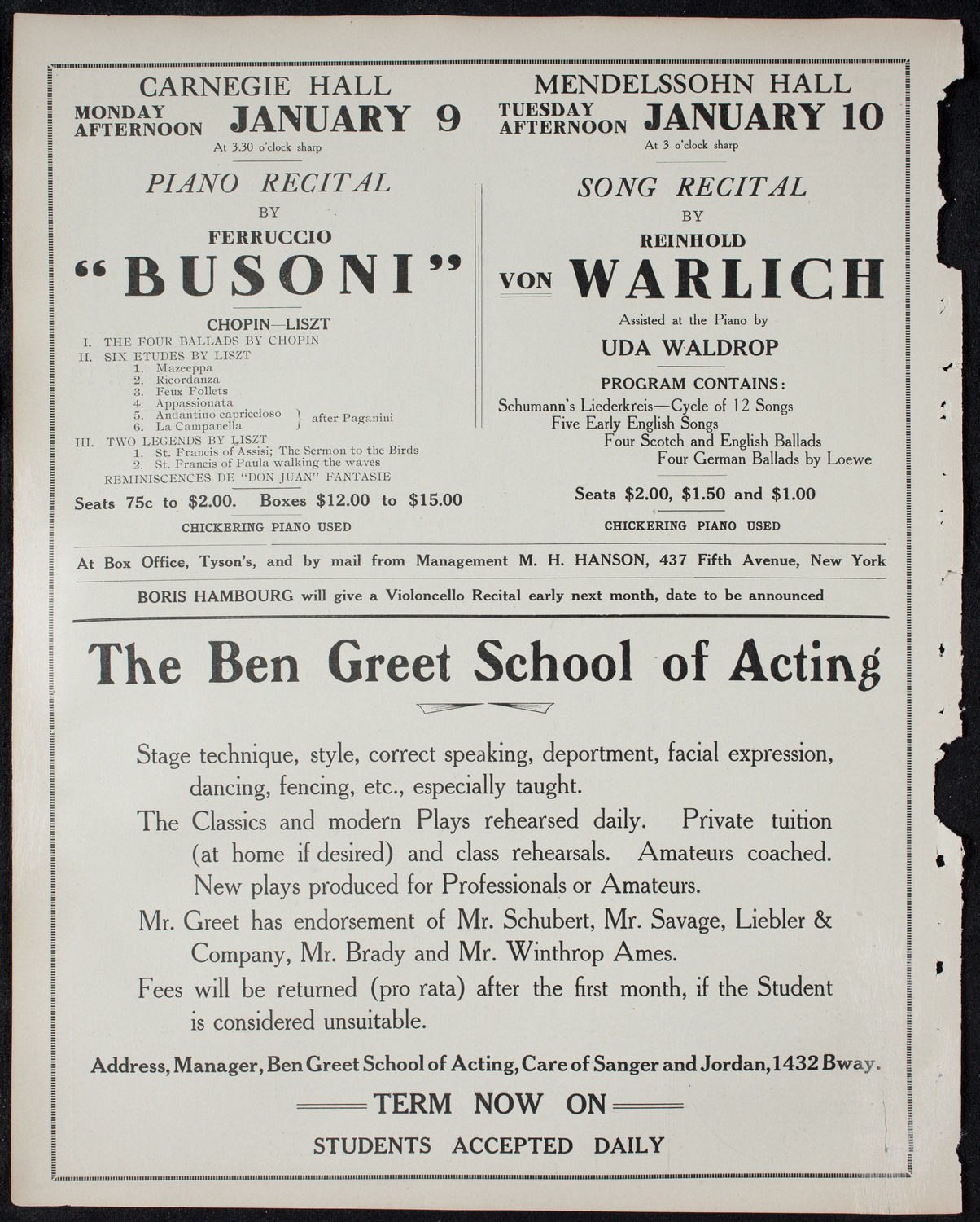 Ben Greet Players with New York Symphony Orchestra, January 2, 1911, program page 10