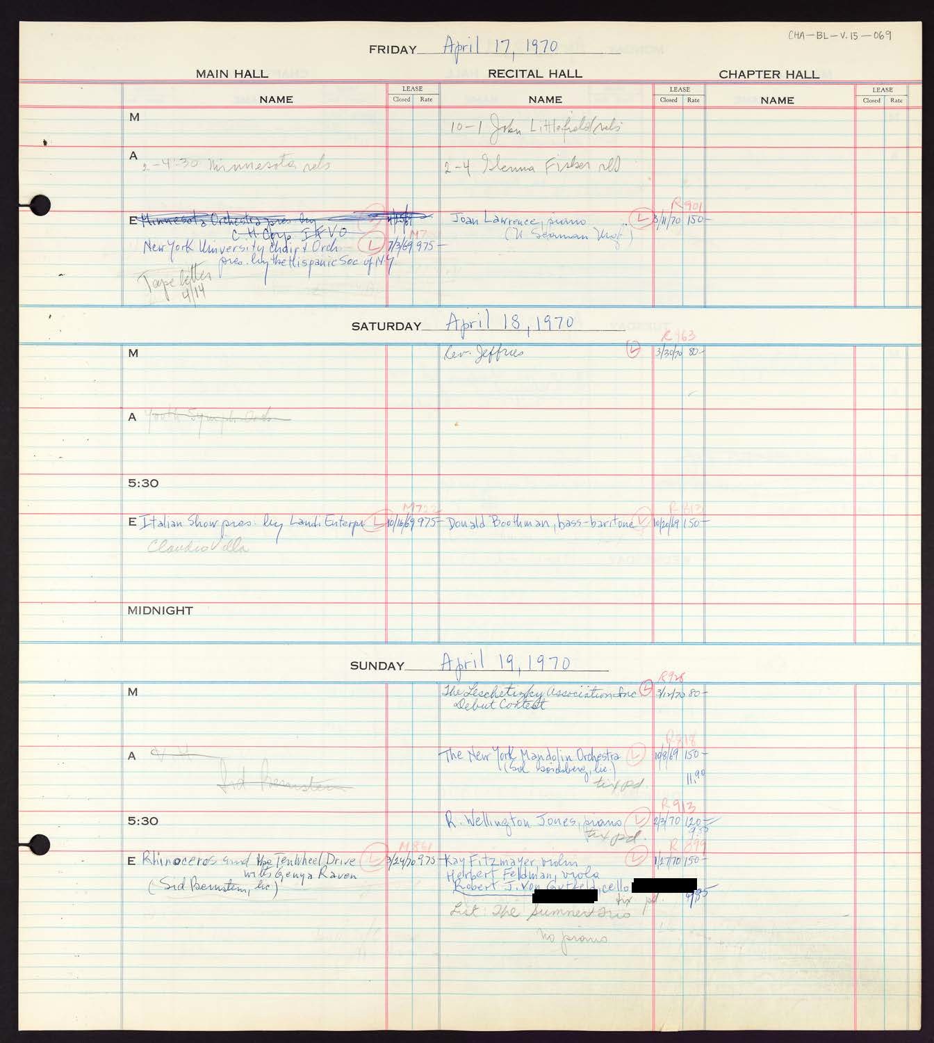 Carnegie Hall Booking Ledger, volume 15, page 69