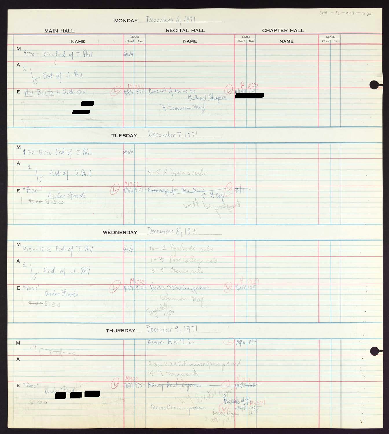 Carnegie Hall Booking Ledger, volume 17, page 30