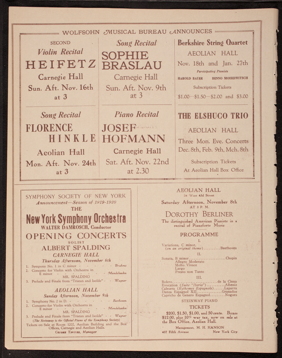 New Symphony Orchestra, November 5, 1919, program page 8