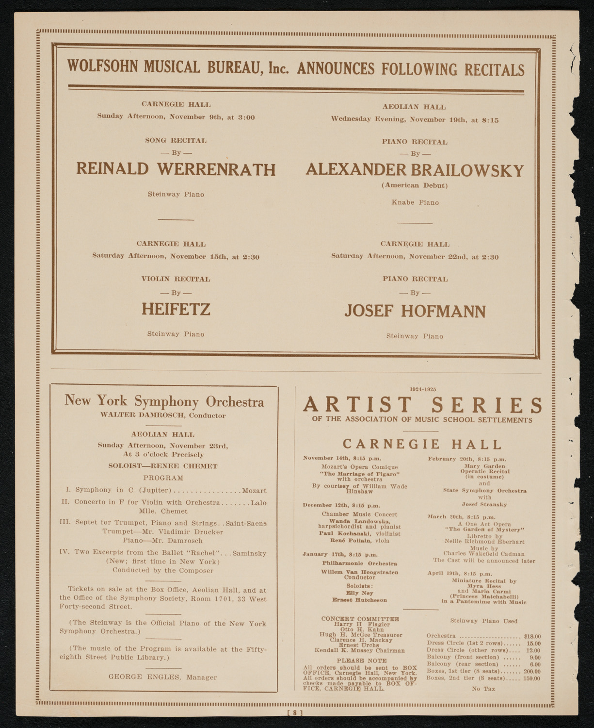 New York Philharmonic, November 8, 1924, program page 8