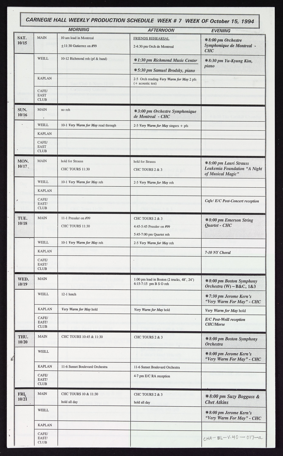 Carnegie Hall Booking Ledger, volume 40, page 17a