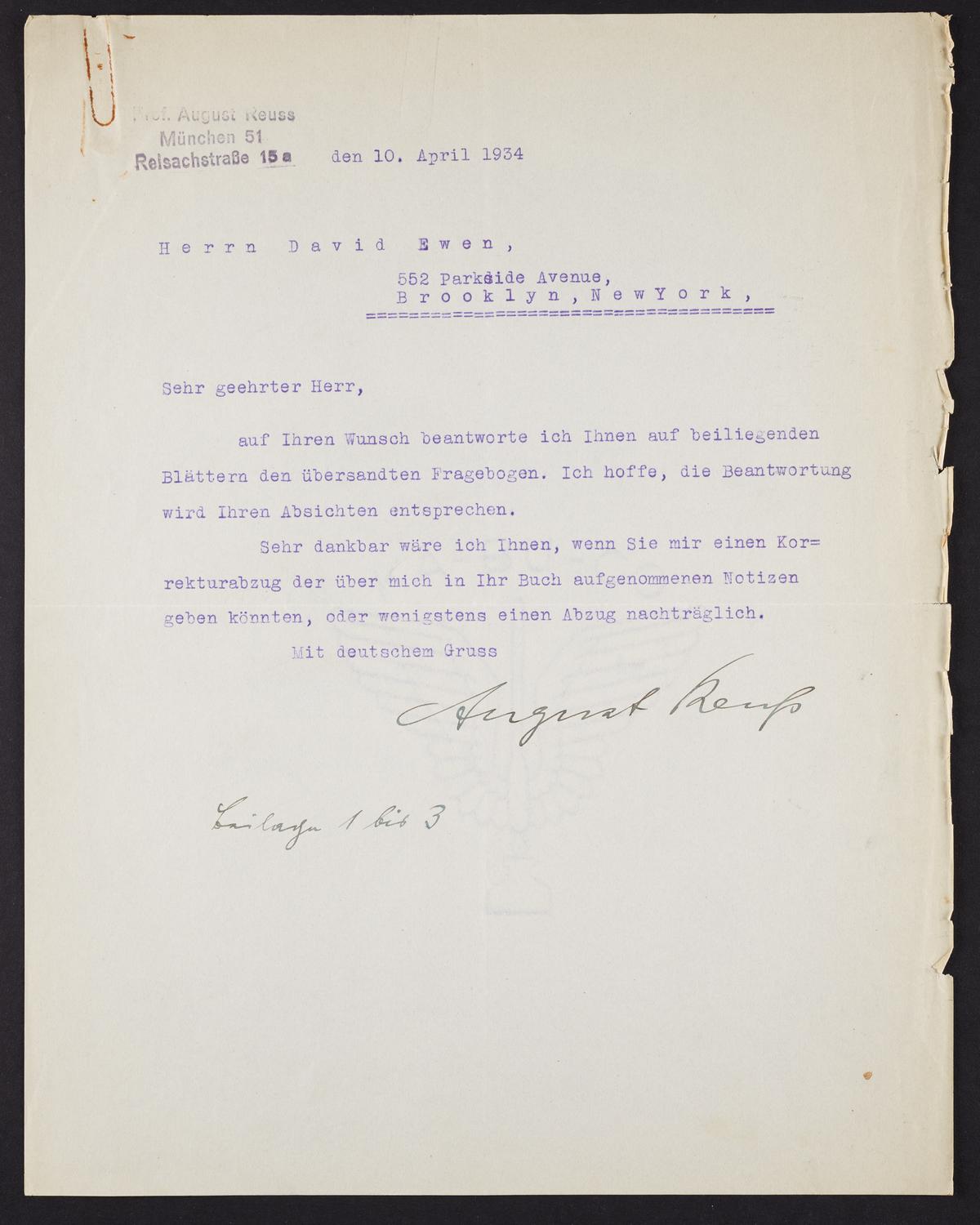 Correspondence from August Reuss to David Ewen, page 1 of 4