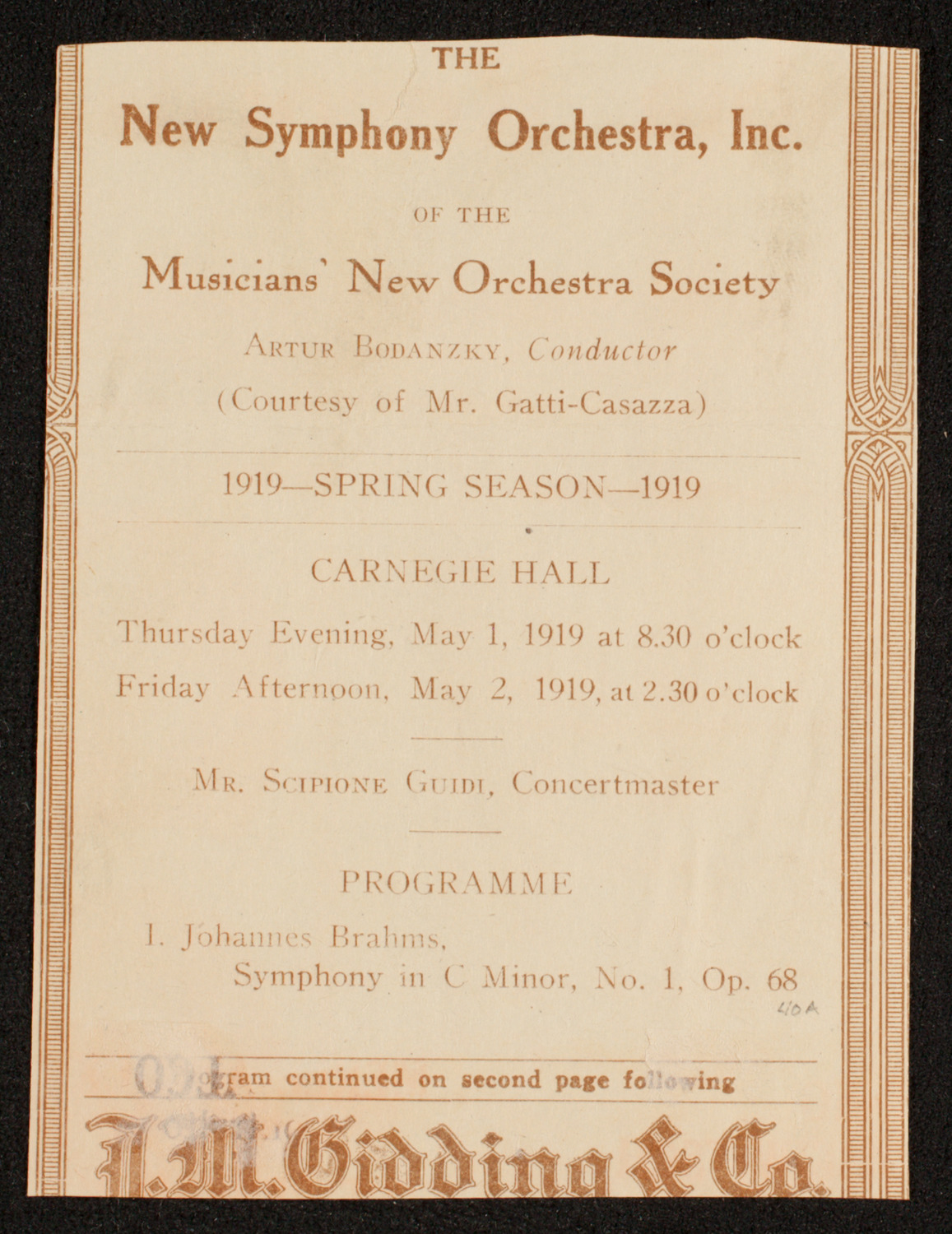 New Symphony Orchestra, May 1, 1919, program page 1