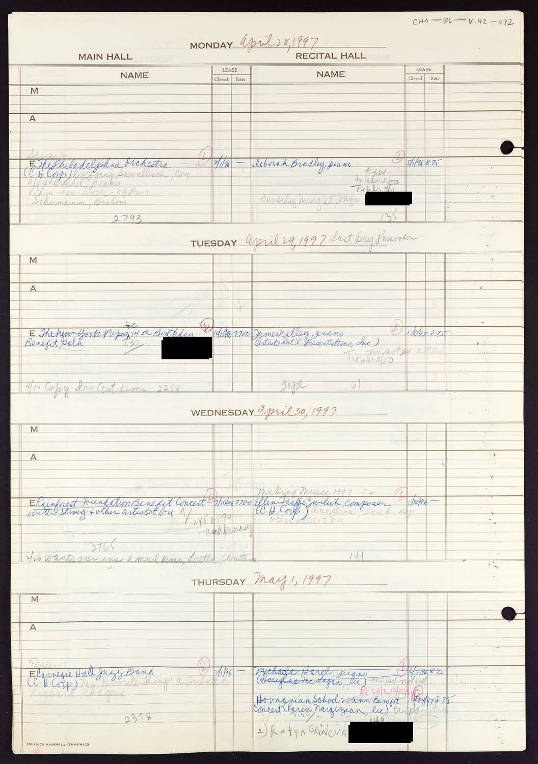 Carnegie Hall Booking Ledger, volume 42, page 72