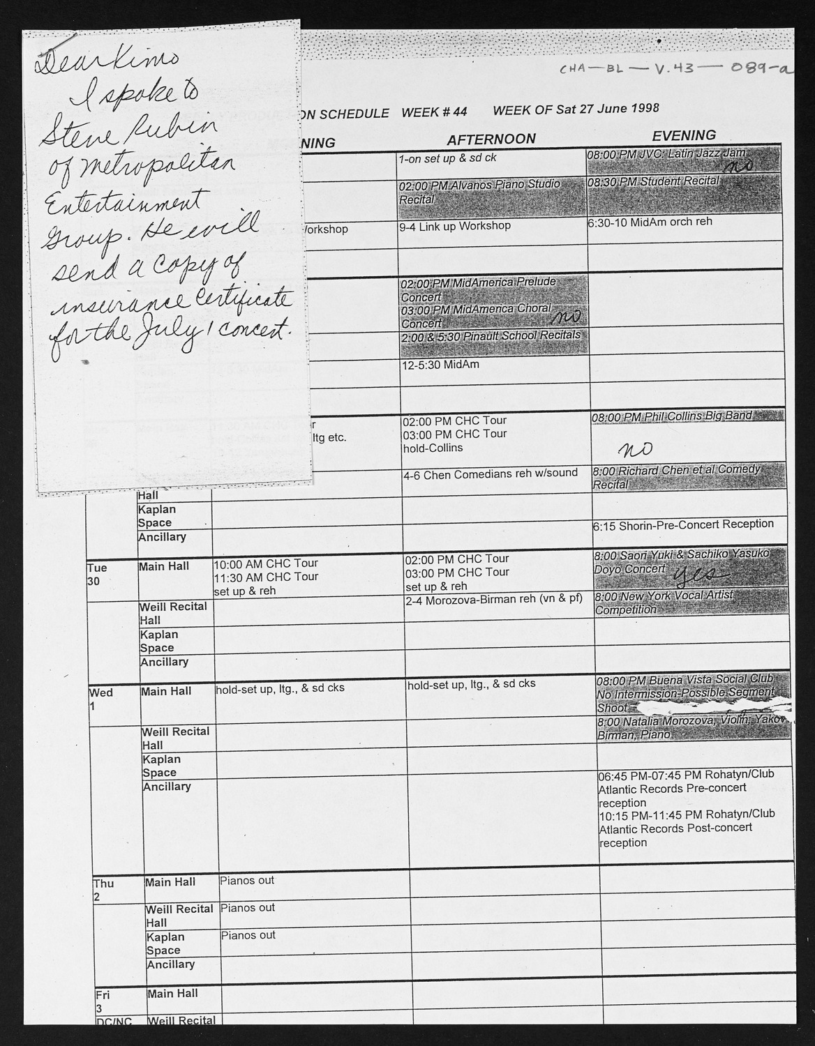 Carnegie Hall Booking Ledger, volume 43, page 89a