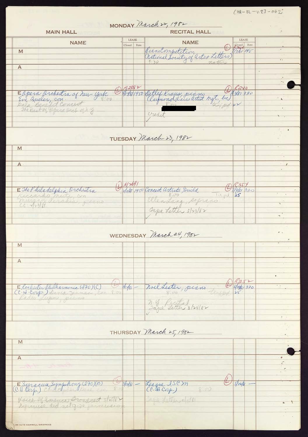 Carnegie Hall Booking Ledger, volume 27, page 62