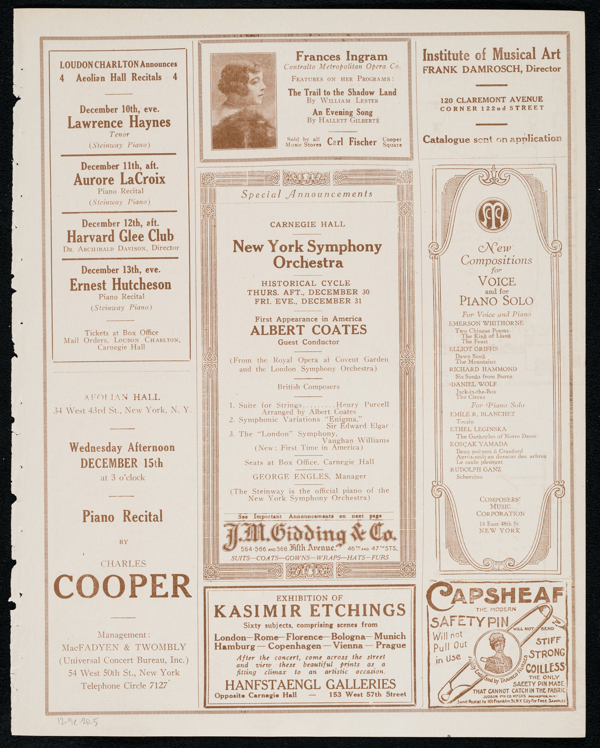 New York Philharmonic, December 9, 1920, program page 9