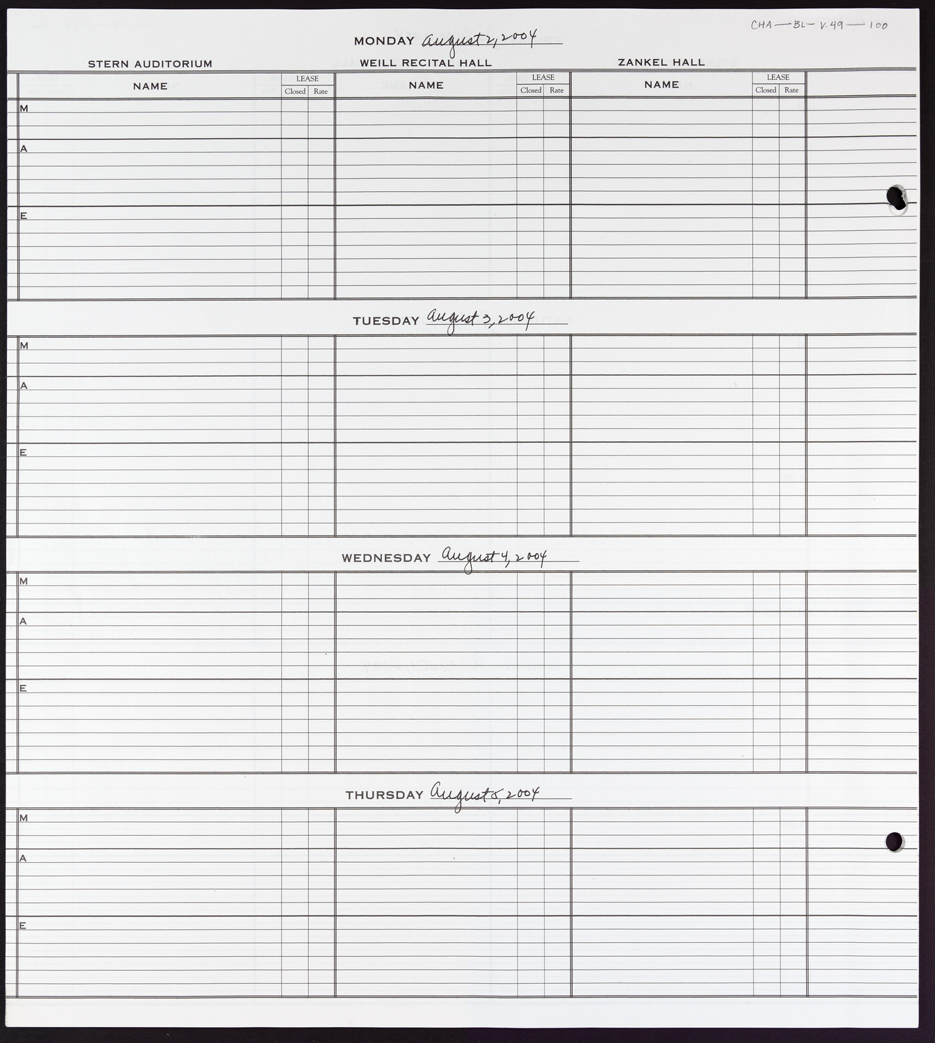 Carnegie Hall Booking Ledger, volume 49, page 100