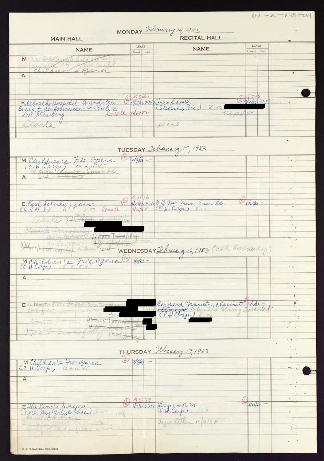 Carnegie Hall Booking Ledger, volume 28, page 54