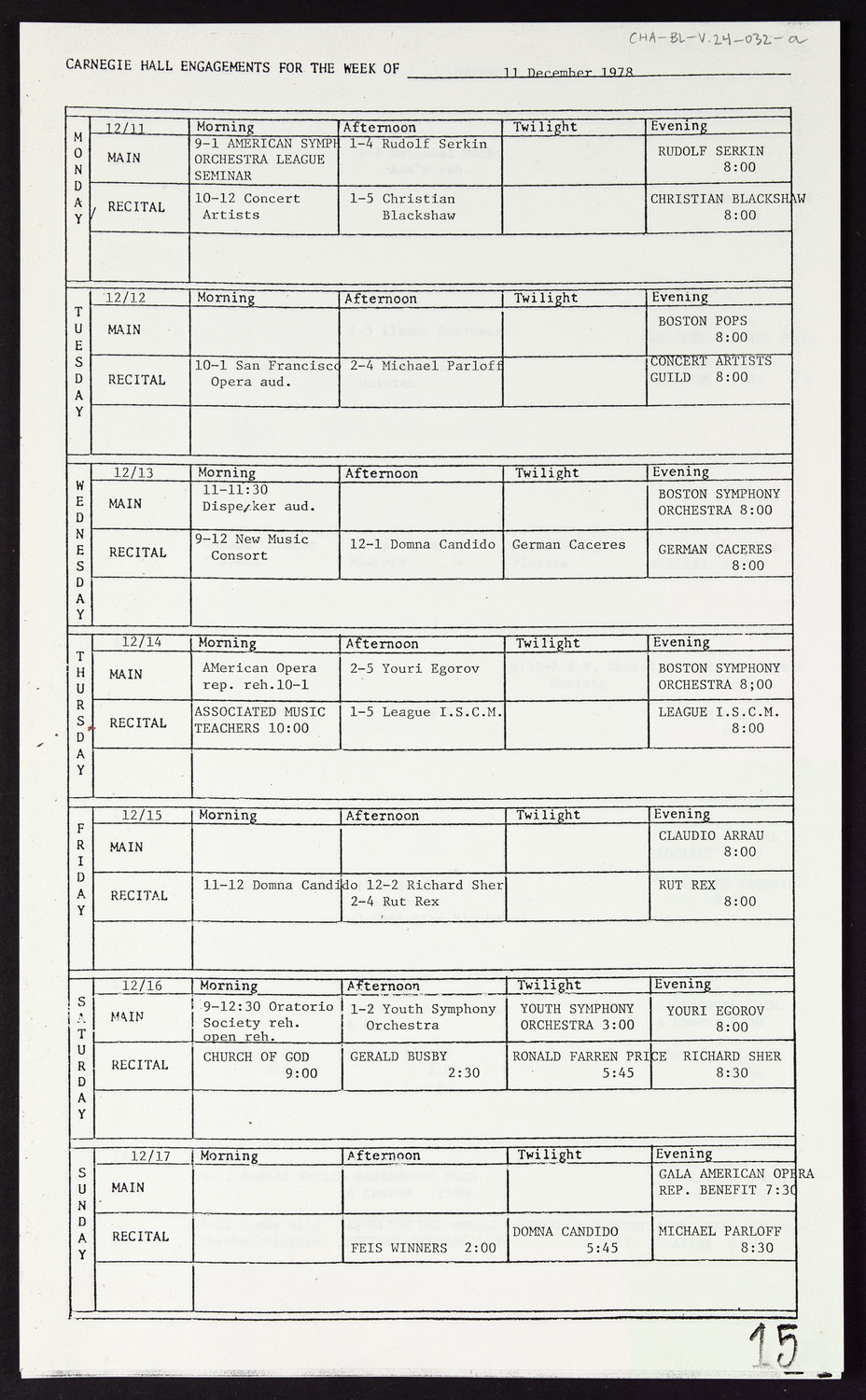 Carnegie Hall Booking Ledger, volume 24, page 32a