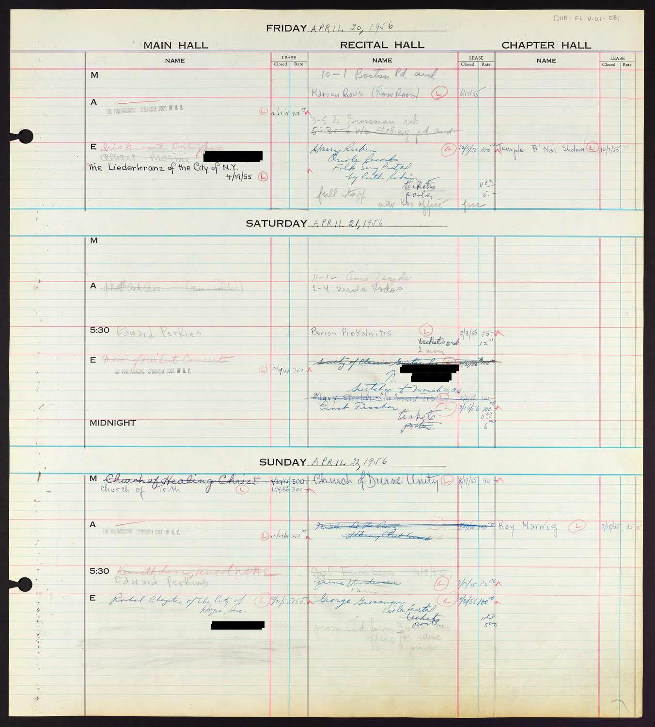 Carnegie Hall Booking Ledger, volume 1, page 61