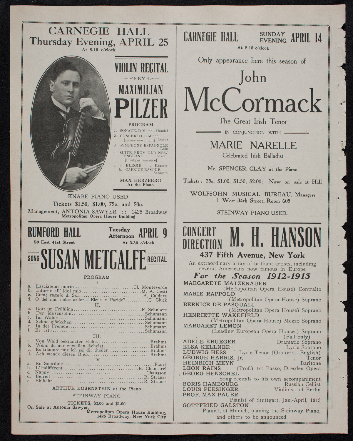 Harold Bauer, Piano, April 6, 1912, program page 10