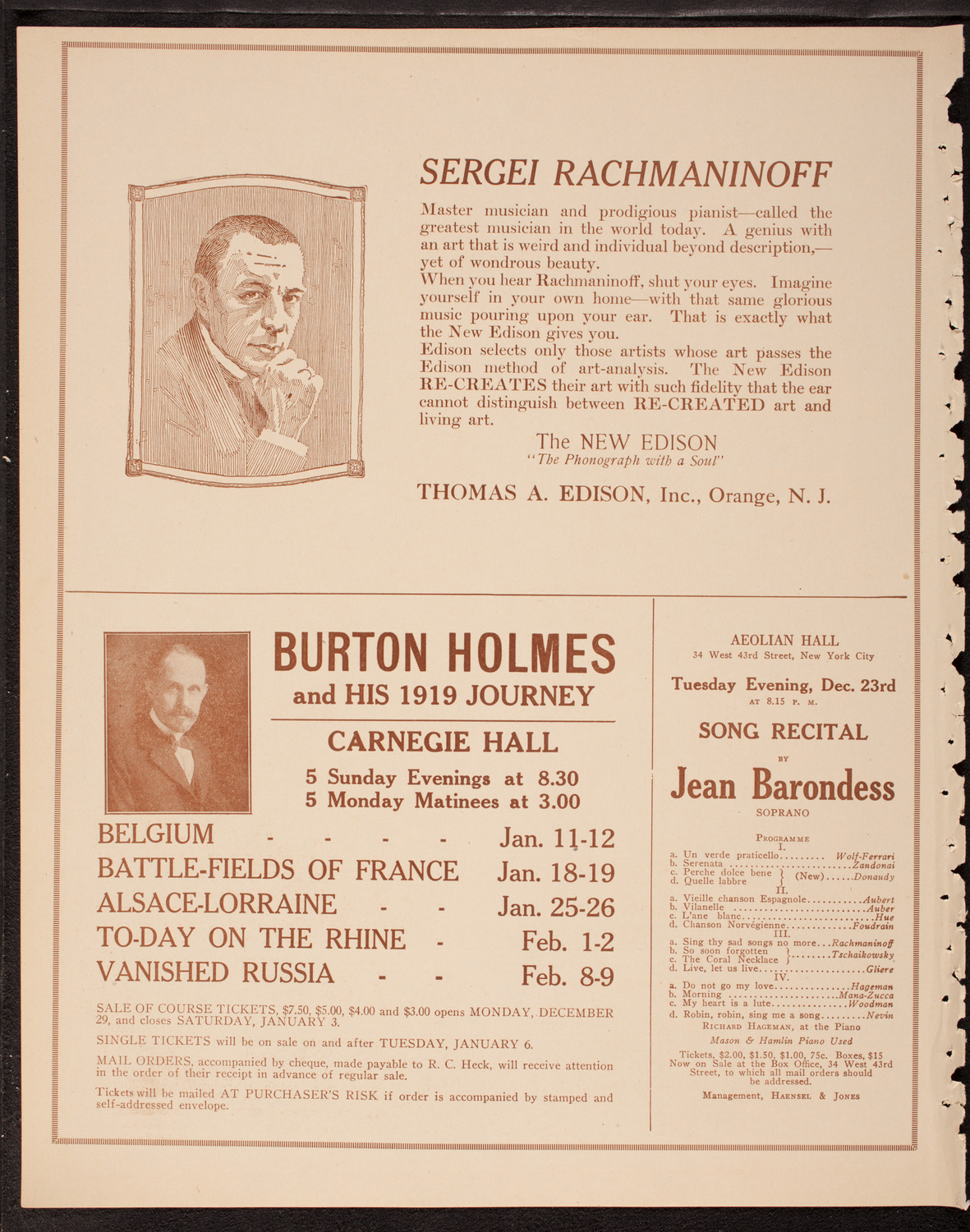 Sergei Rachmaninoff, Piano, December 21, 1919, program page 2